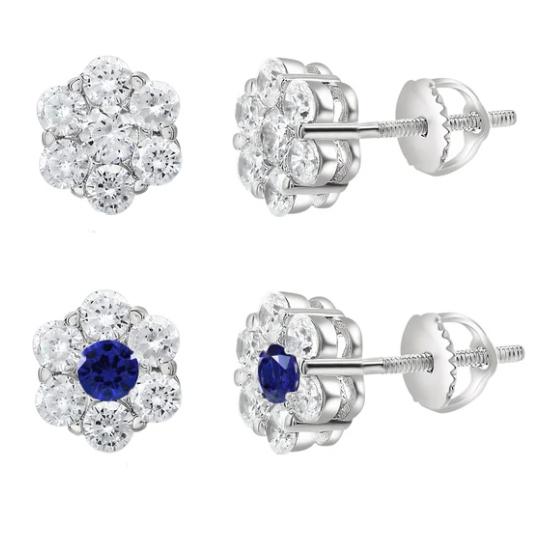 Floral-shaped stud earrings with clear stones are displayed, including a variation featuring a blue center stone, shown from both top and side views.