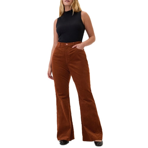 High-rise brown corduroy pants with a flared leg, paired with a sleeveless black top and black shoes.