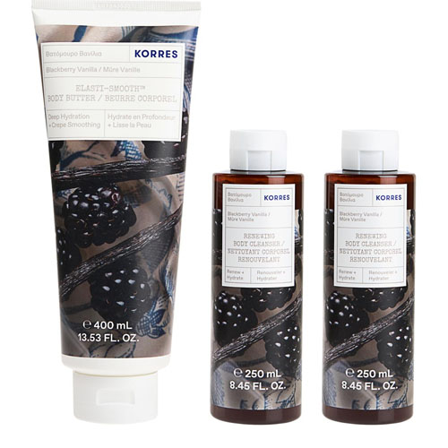 Korres Blackberry Vanilla 3-piece set includes a 400ml body butter for deep hydration and smoothing, and two 250ml renewing body cleansers.