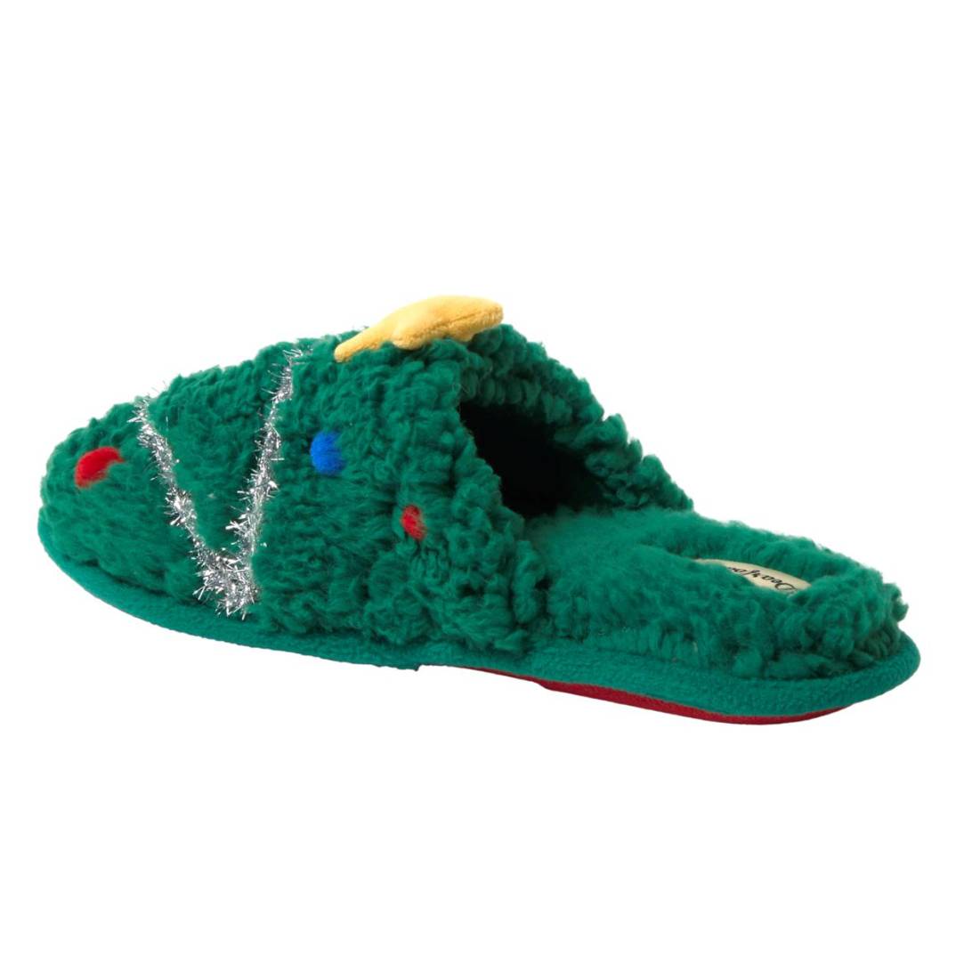 Green fuzzy slipper with Christmas tree decorations, including colorful pom-poms and a star on top.