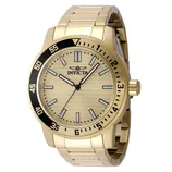 Gold-tone Invicta wristwatch with a black bezel, gold dial featuring black and white markers, and luminous hands. It has a metal bracelet and a simplistic, bold design.