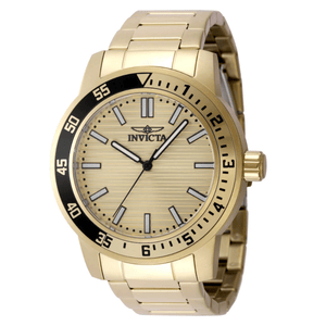Gold-tone Invicta wristwatch with a black bezel, gold dial featuring black and white markers, and luminous hands. It has a metal bracelet and a simplistic, bold design.