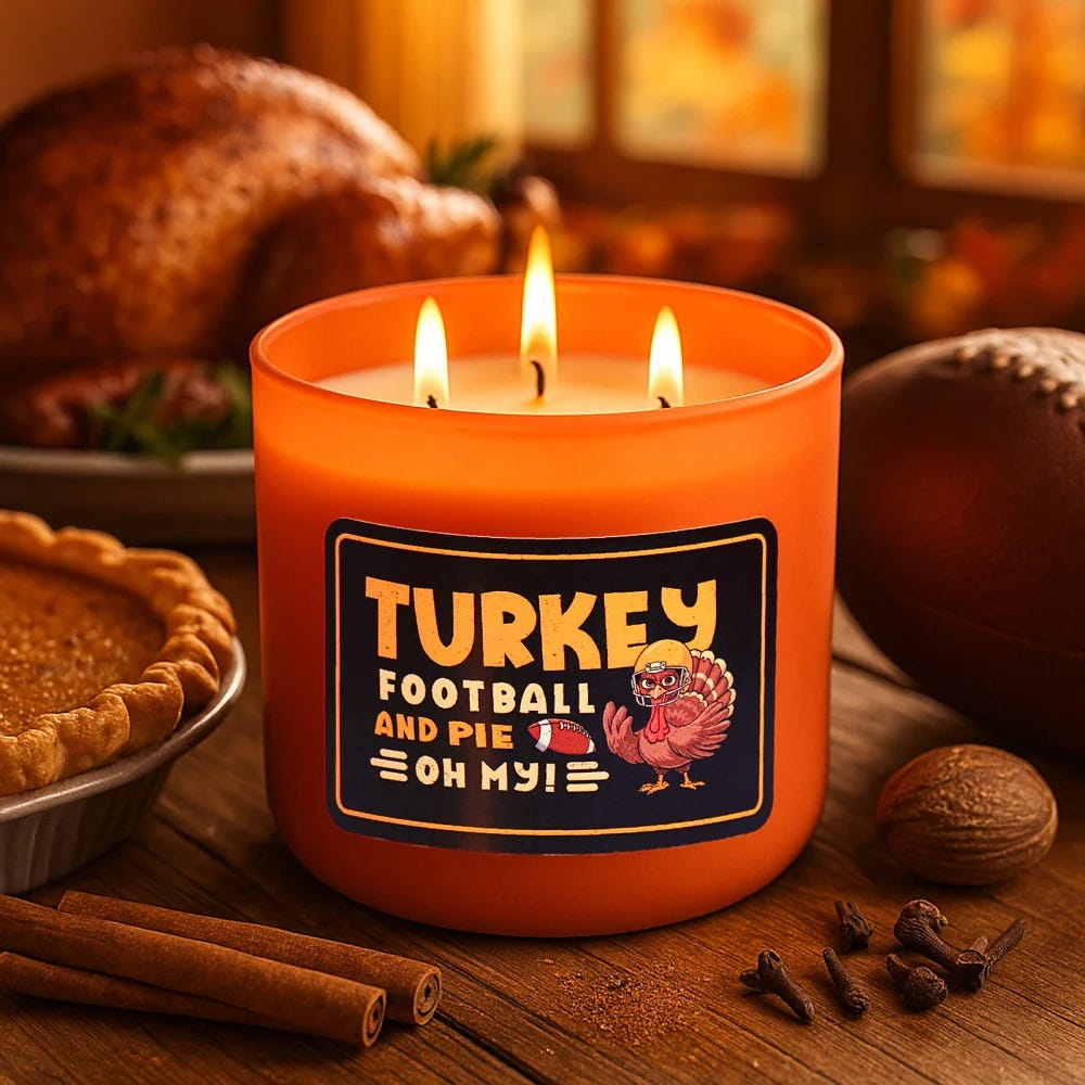 An orange candle with three wicks features the label \“Turkey, Football, and Pie, Oh My!\“ Nearby are a pumpkin pie, cinnamon sticks, cloves, a nutmeg, and a football, suggesting a Thanksgiving theme.