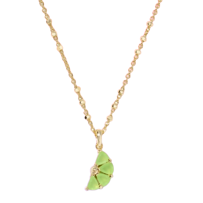 Gold necklace featuring a green crescent-shaped pendant with a gem accent and an intricate chain design.