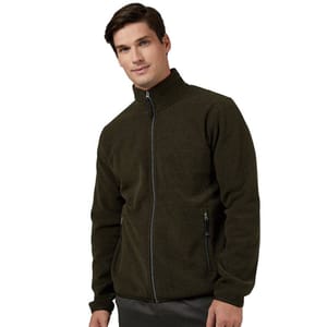 A man is wearing a dark green, full-zip fleece jacket with side pockets, featuring a high collar design.