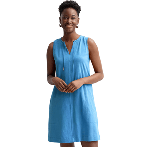 Sleeveless blue dress with a notched neckline, drawstring detail, and knee-length silhouette.