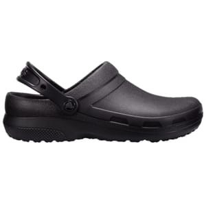A black clog-style shoe with a strap around the heel, featuring ventilation ports along the sides and a textured sole for grip.
