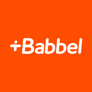 Babbel logo on an orange background. Babbel is a language learning platform offering courses in multiple languages.