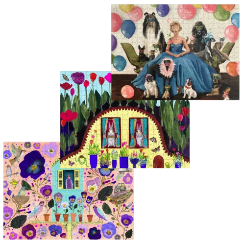Three jigsaw puzzles featuring colorful, artistic illustrations: one of a person with dogs and balloons, another of two dogs in a vibrant garden, and a third with floral patterns and a person in a window.