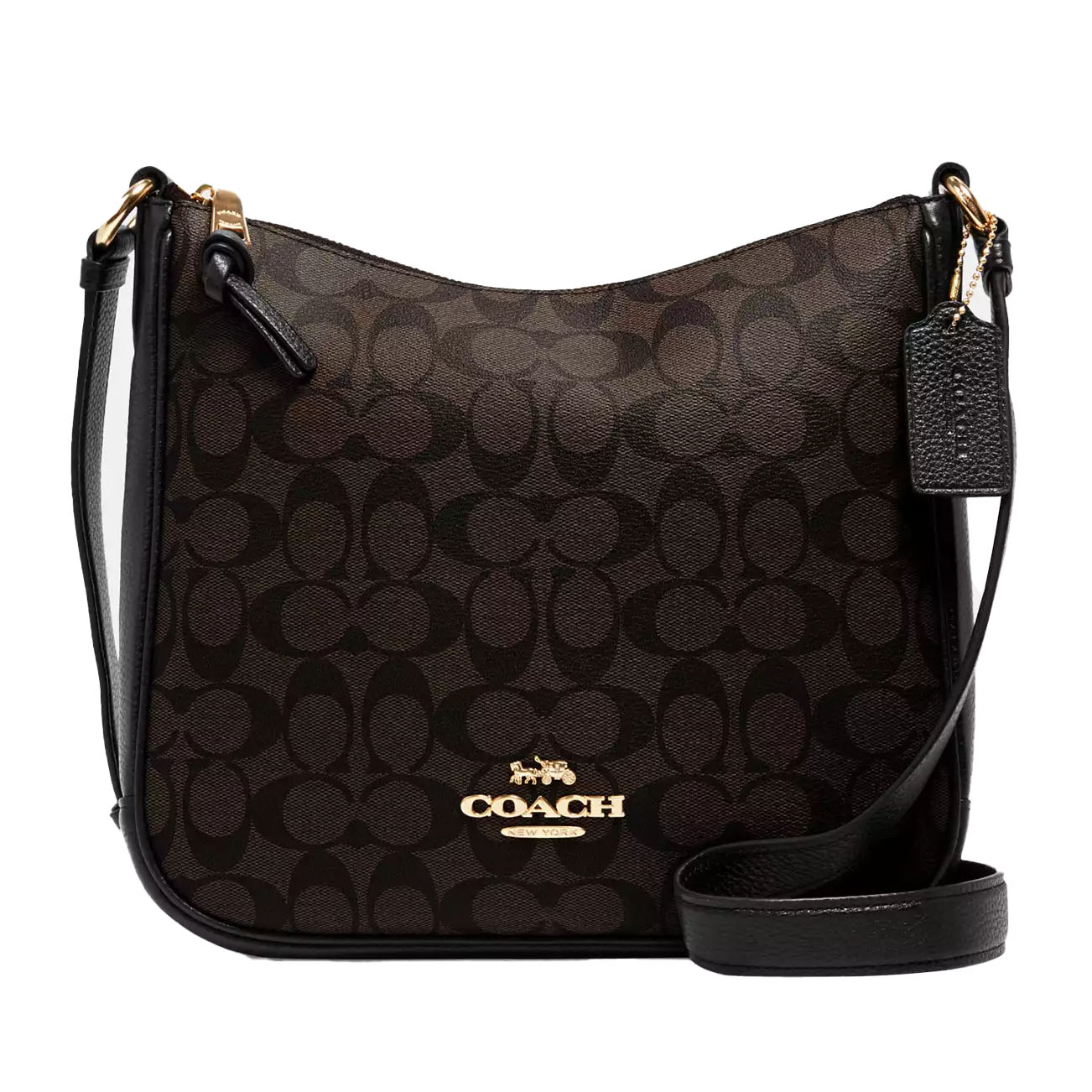 Coach crossbody bag with a dark brown signature pattern and black leather trim, featuring a gold-tone logo and a matching leather tag.