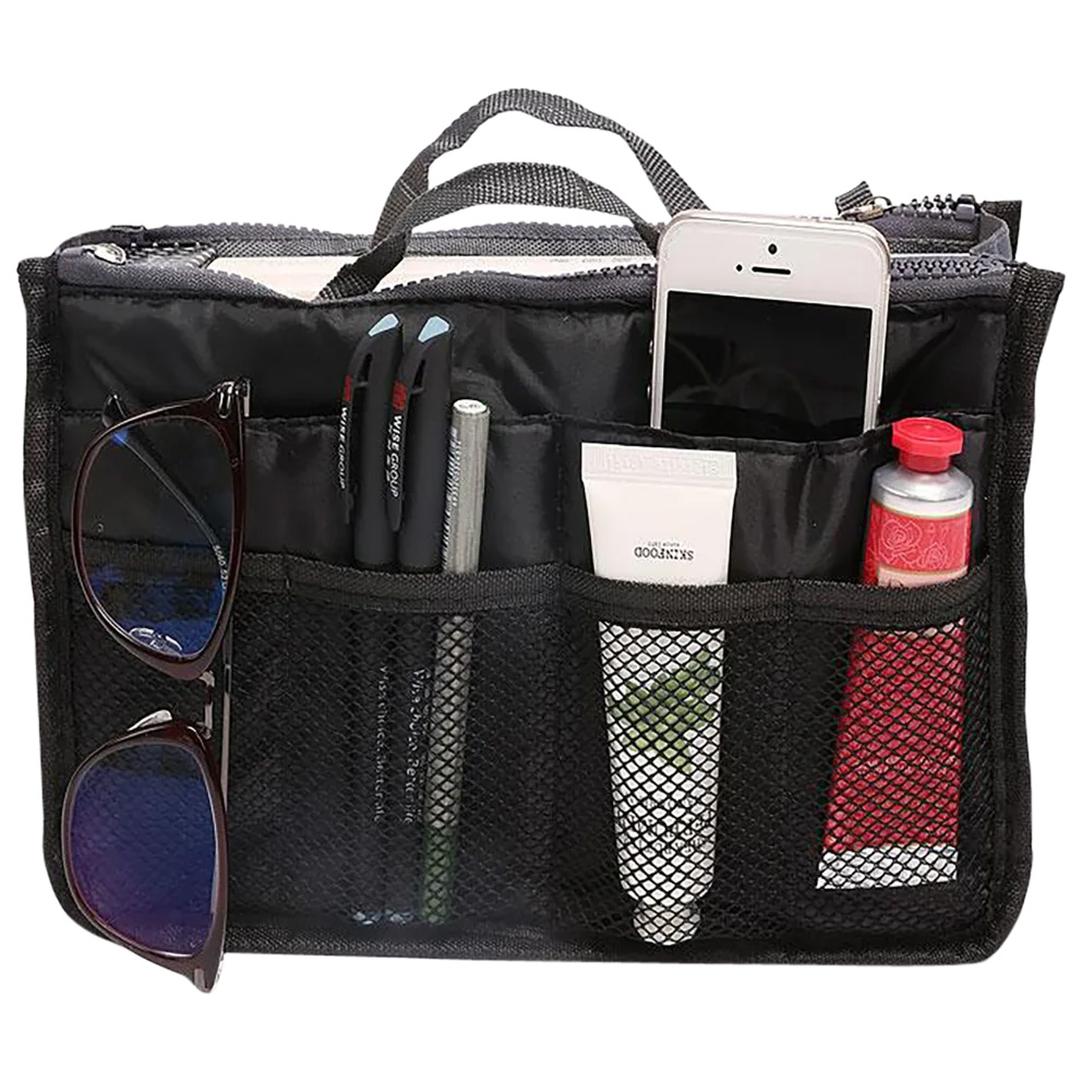 Black organizer bag with zip closure, featuring multiple mesh and solid pockets holding glasses, pens, a phone, and two small tubes.