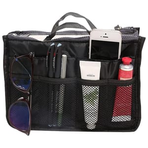 Black organizer bag with zip closure, featuring multiple mesh and solid pockets holding glasses, pens, a phone, and two small tubes.