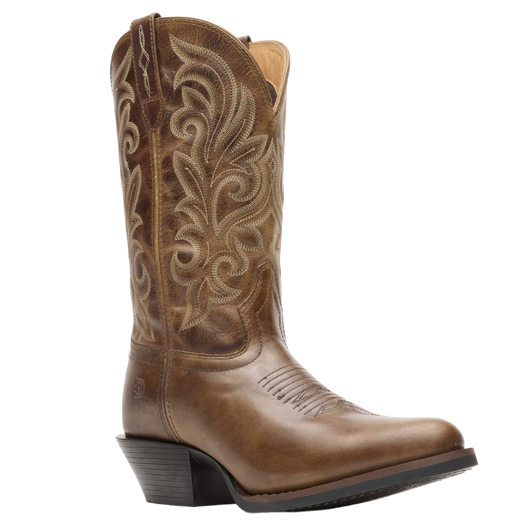 A brown cowboy boot featuring intricate stitching and a stacked heel design, with pull tabs for easy wear.