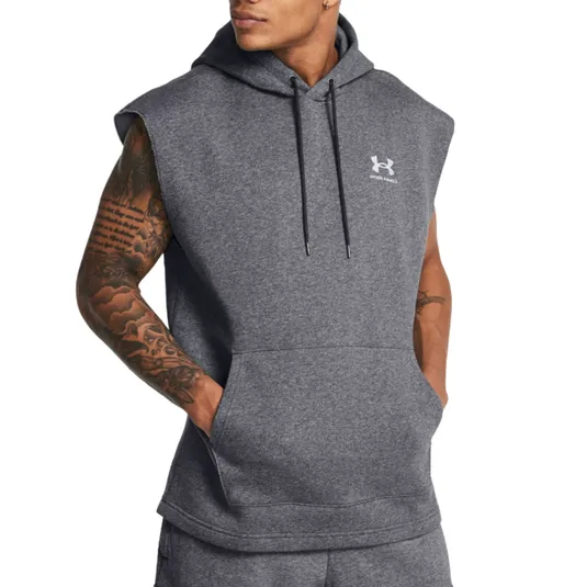 A sleeveless gray hoodie with a front pocket and drawstrings, featuring the Under Armour logo on the chest. The person wearing it has visible tattoos on their left arm.