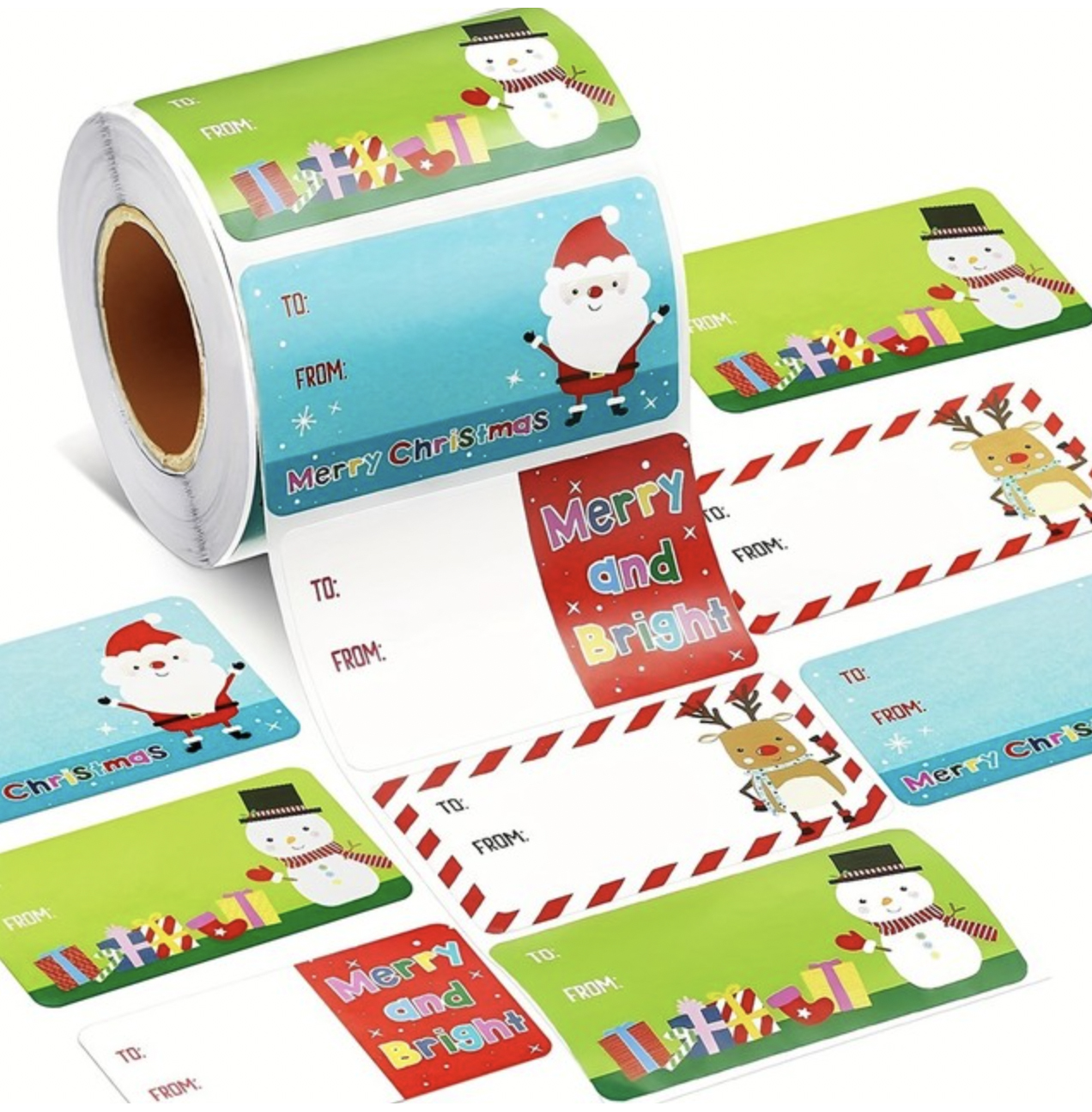 Roll of 1,000 holiday gift stickers featuring colorful designs with Santa, snowmen, reindeer, and presents. The stickers include \“To\“ and \“From\“ labels, with festive phrases like \“Merry Christmas\“ and \“Merry and Bright.\“