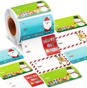 Roll of 1,000 holiday gift stickers featuring colorful designs with Santa, snowmen, reindeer, and presents. The stickers include \“To\“ and \“From\“ labels, with festive phrases like \“Merry Christmas\“ and \“Merry and Bright.\“