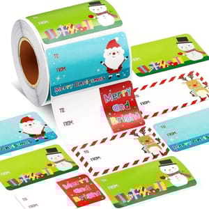 Roll of 1,000 holiday gift stickers featuring colorful designs with Santa, snowmen, reindeer, and presents. The stickers include \“To\“ and \“From\“ labels, with festive phrases like \“Merry Christmas\“ and \“Merry and Bright.\“