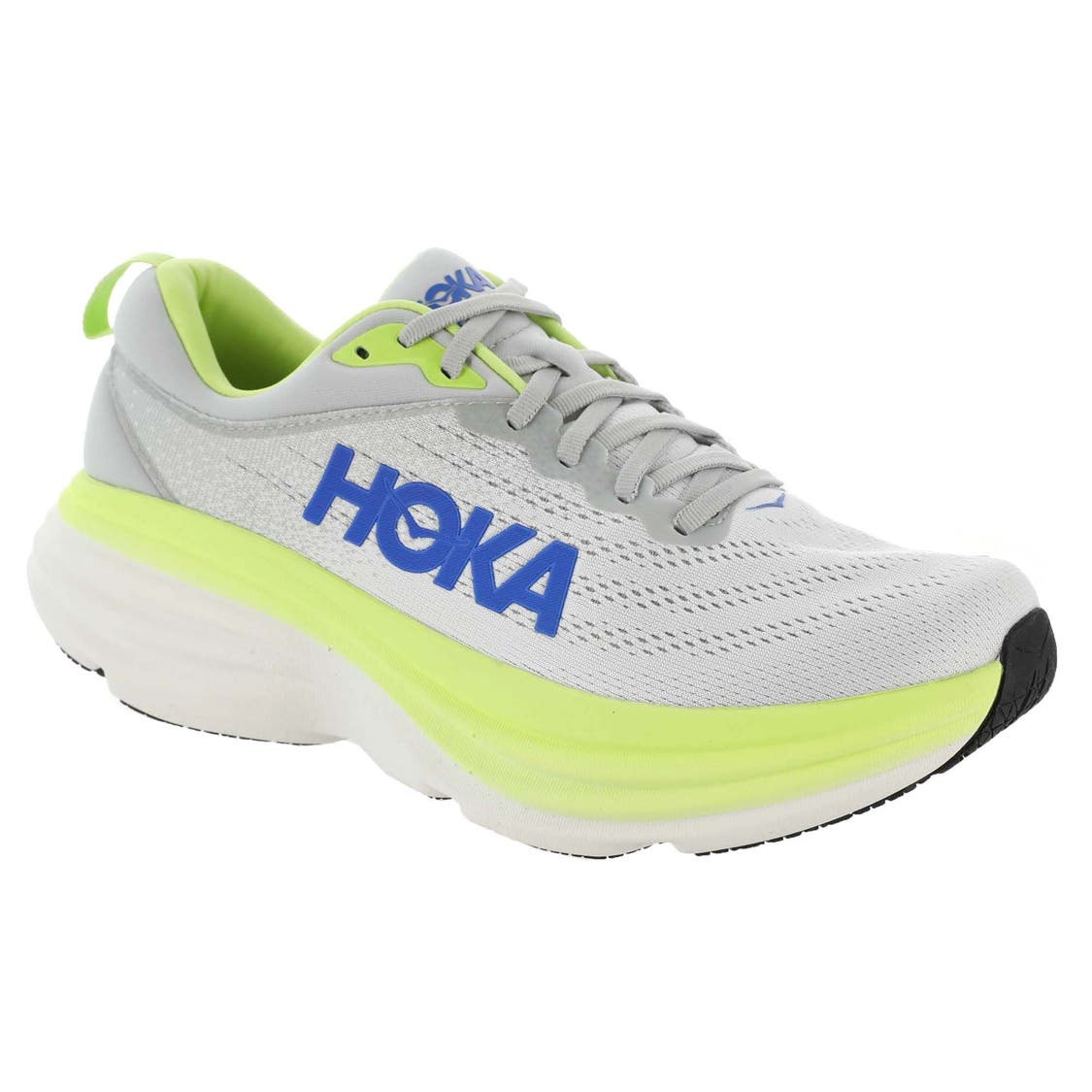 Men's Hoka Bondi 8 Running Shoes feature a grey mesh upper with neon green accents, a thick cushioned midsole, and blue \“Hoka\“ branding on the side for maximum comfort and support during runs.