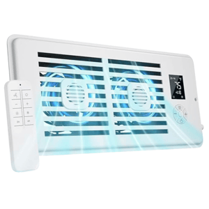 Ceiling-mounted bathroom fan with adjustable lights and remote control, featuring dual ventilation fans and digital display for temperature and settings.