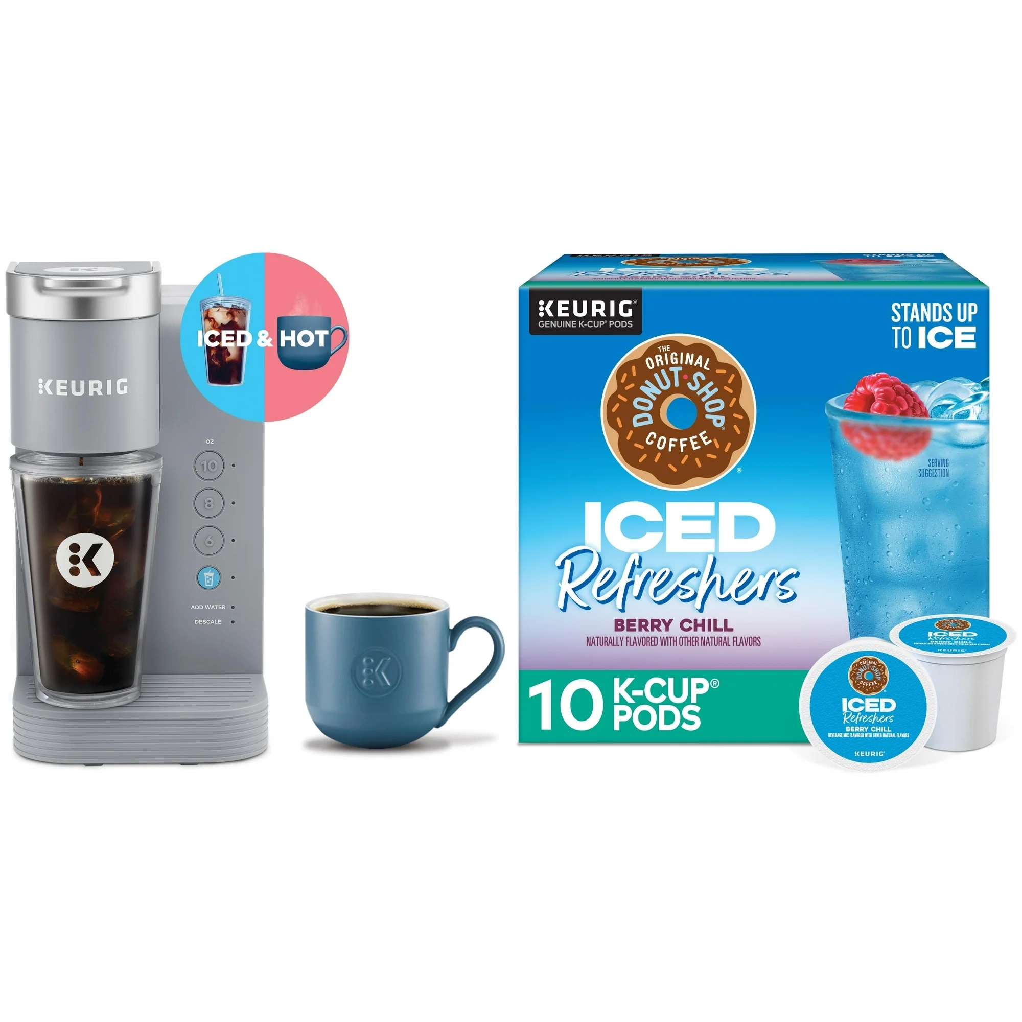Keurig K-Iced Brewer for iced and hot drinks, shown with a box of The Original Donut Shop Iced Refreshers Berry Chill K-Cup pods (10 count).