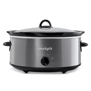 A 7-quart Crock-Pot slow cooker with a sleek stainless steel body, black handles, and a black glass lid. It features a dial with settings for Off, Low, High, and Warm.