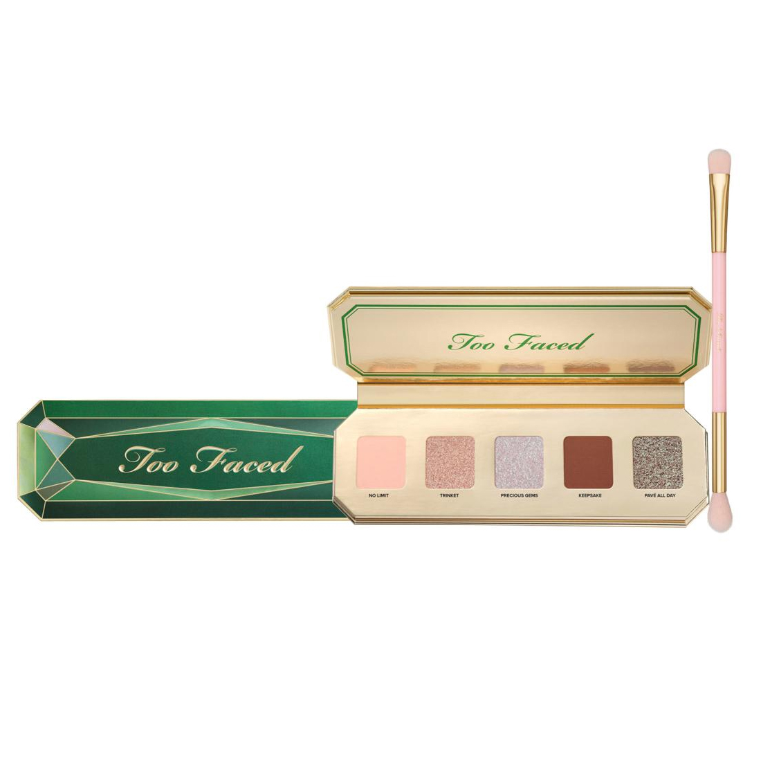 The Too Faced Precious Gems Mini Palette features five eyeshadow shades: No Limit (pale pink), Trinket (shimmery pink), Precious Gems (glittery silver), Keepsake (matte brown), and Have All Day (glittery brown), with a dual-ended brush included.