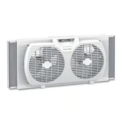 Dual-blade window fan with expandable side panels for adjustable fit and electronic controls for managing airflow.