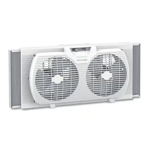 Dual-blade window fan with expandable side panels for adjustable fit and electronic controls for managing airflow.