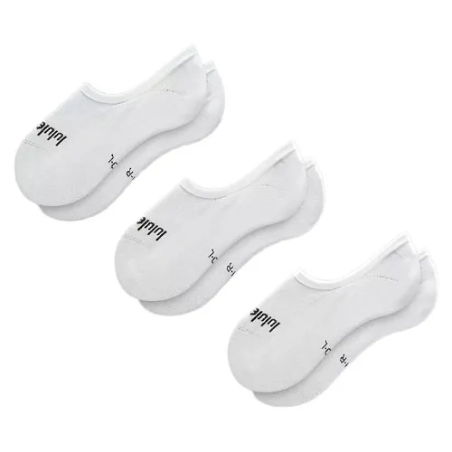 Three pairs of white no-show socks with \“lulule\“ printed on them are shown.