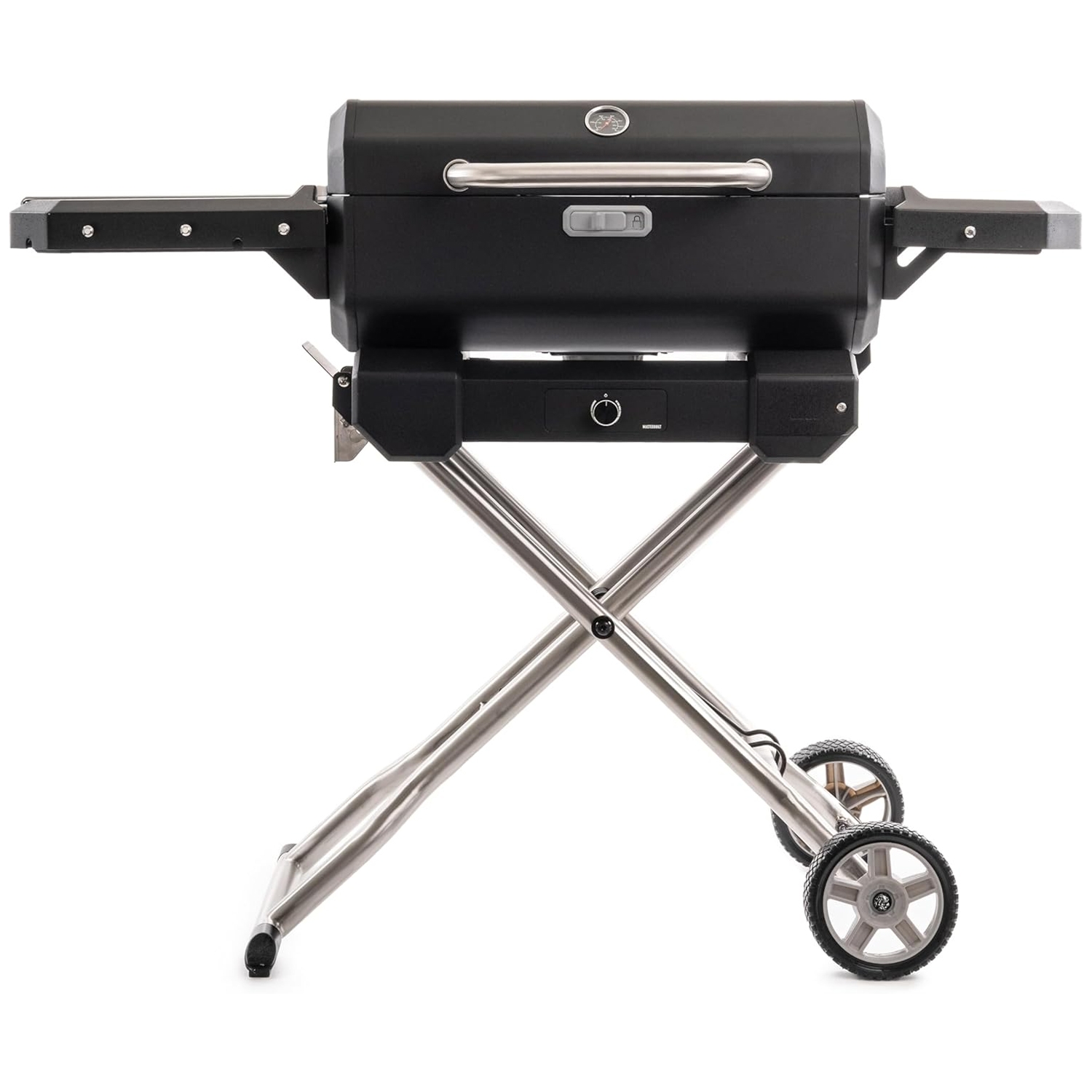 The Masterbuilt Electric Grill & Smoker is a compact, portable grill with a black cooking chamber, a built-in thermometer on the lid, and foldable stainless-steel legs. It features two wheels for easy transport and side shelves for added convenience.