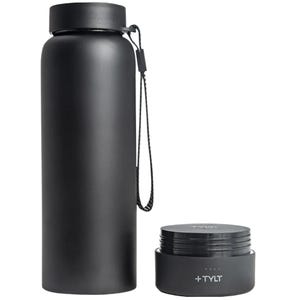 A black 24oz water bottle with a removable lid that doubles as a power bank, featuring a handle for easy carrying and the brand \“TYLT\“ on the lid.