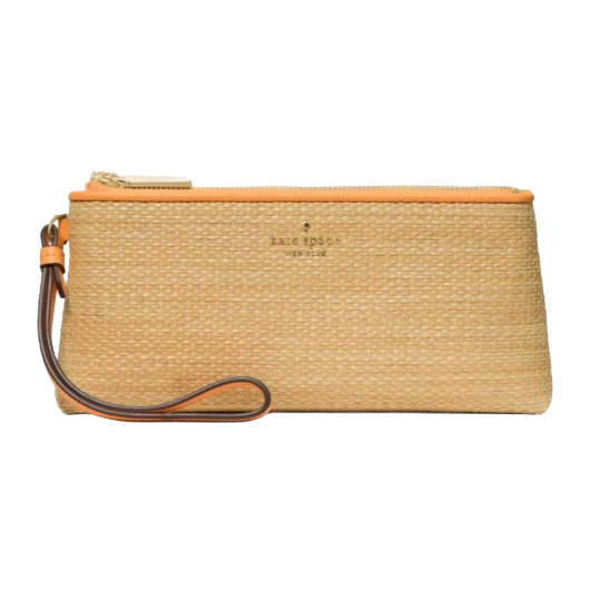 A woven wristlet pouch with orange trim, featuring a zipper closure and a strap for easy carrying.