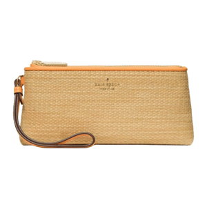A woven wristlet pouch with orange trim, featuring a zipper closure and a strap for easy carrying.