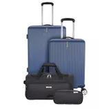 Two blue hardshell suitcases of different sizes with retractable handles and a black travel duffel bag and pouch.