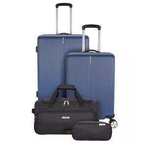 Two blue hardshell suitcases of different sizes with retractable handles and a black travel duffel bag and pouch.