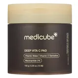 Medicated skincare jar labeled \“medicube Deep Vita C Pad\“ containing Vitamin Water, Vitamin C Derivative, and 2% Niacinamide; 150 g (5.29 oz) capacity with 70 pads.