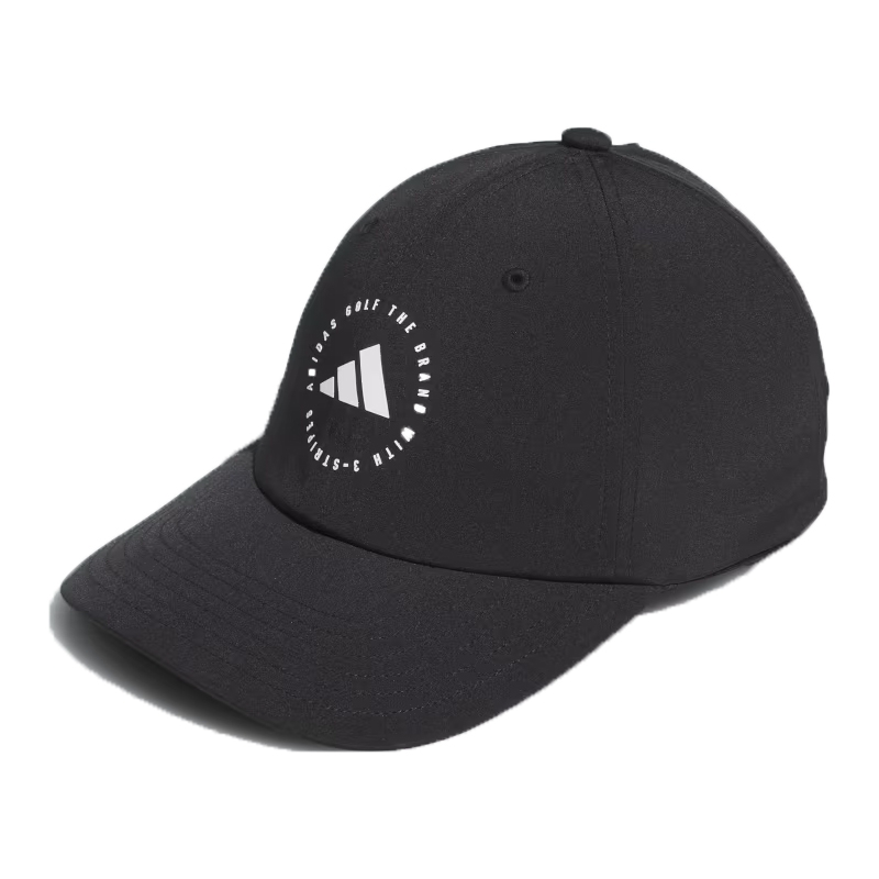 Black Adidas Crisscross hat with a white triangular logo featuring crisscrossed golf clubs on the front.