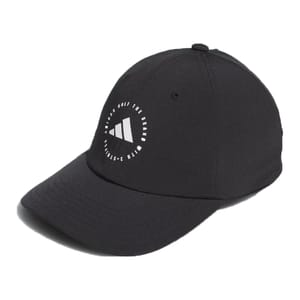 Black Adidas Crisscross hat with a white triangular logo featuring crisscrossed golf clubs on the front.