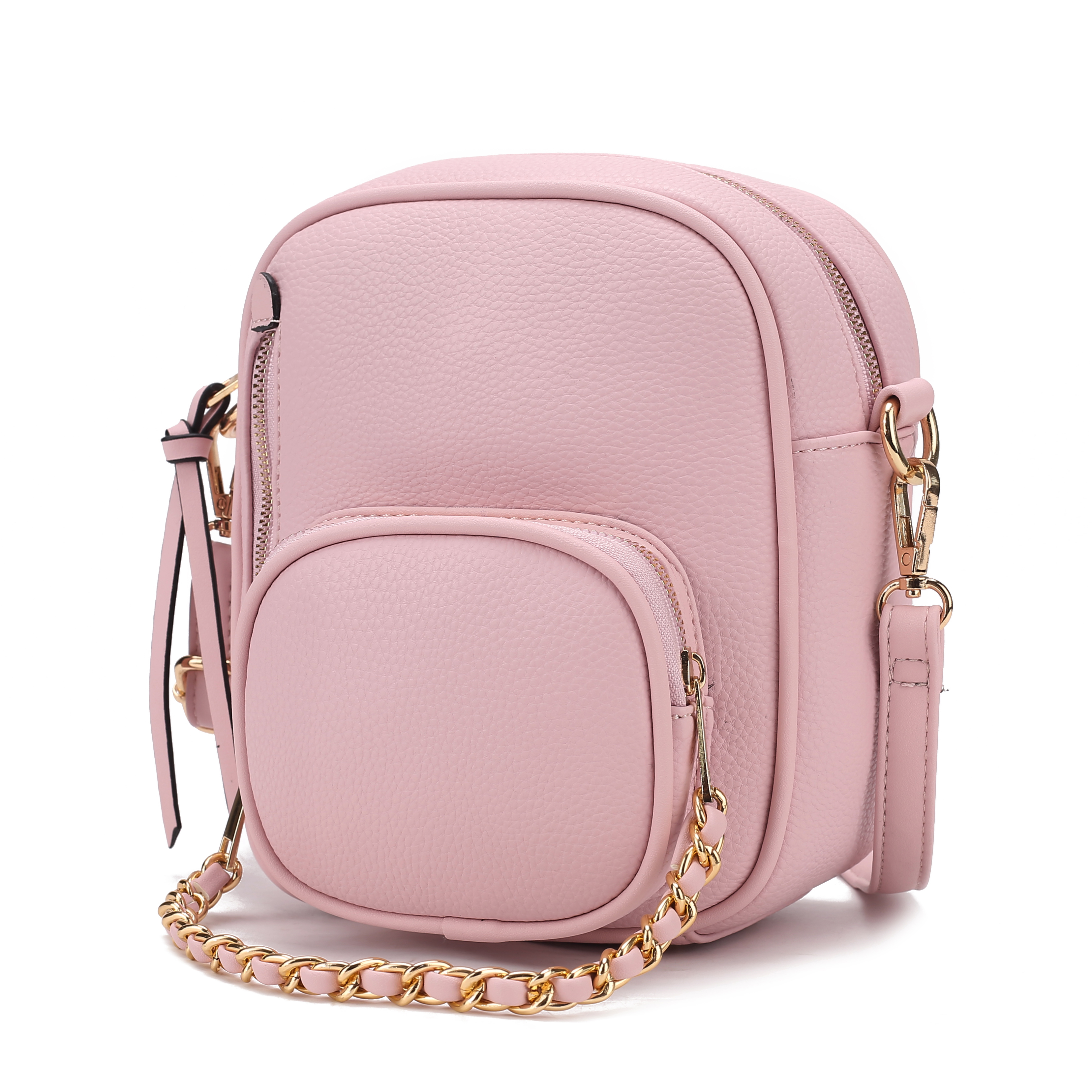 A pink faux leather crossbody bag features a compact design with a small front pocket, gold chain strap, and zipper closure.