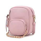 A pink faux leather crossbody bag features a compact design with a small front pocket, gold chain strap, and zipper closure.