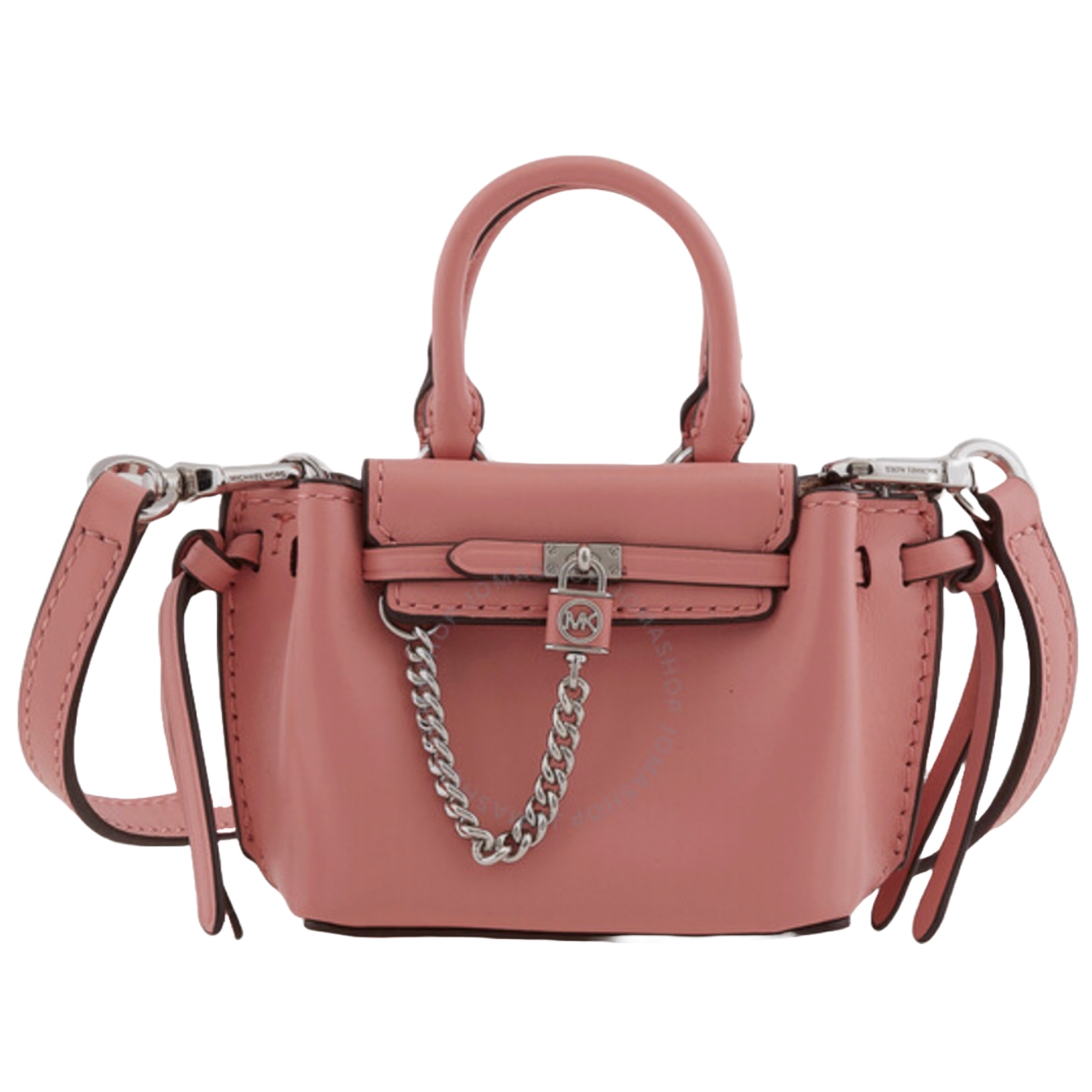 A small pink Michael Kors crossbody bag features top handles, a silver chain detail, a crossbody strap, and a lock charm.