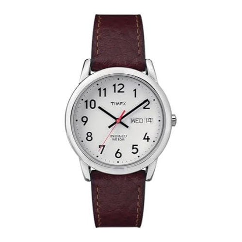 Timex watch with a white dial, black numerals, day-date display, and a burgundy leather strap. Features include water resistance up to 30 meters and Indiglo night-light.