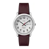 Timex watch with a white dial, black numerals, day-date display, and a burgundy leather strap. Features include water resistance up to 30 meters and Indiglo night-light.