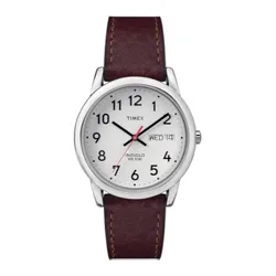 Timex watch with a white dial, black numerals, day-date display, and a burgundy leather strap. Features include water resistance up to 30 meters and Indiglo night-light.