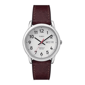 Timex watch with a white dial, black numerals, day-date display, and a burgundy leather strap. Features include water resistance up to 30 meters and Indiglo night-light.