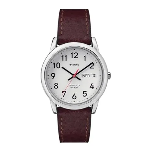 Timex watch with a white dial, black numerals, day-date display, and a burgundy leather strap. Features include water resistance up to 30 meters and Indiglo night-light.