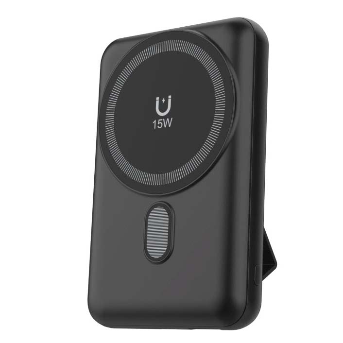 A black 15W wireless magnetic charger with a circular charging area and a built-in kickstand.