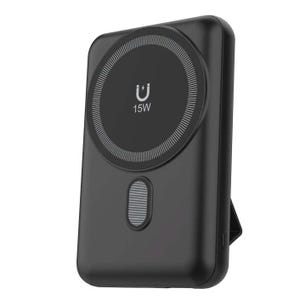 A black 15W wireless magnetic charger with a circular charging area and a built-in kickstand.
