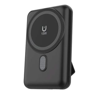 A black 15W wireless magnetic charger with a circular charging area and a built-in kickstand.