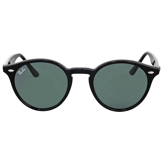 Black Ray-Ban round sunglasses with green lenses and a glossy finish, featuring small silver accents on the frame.